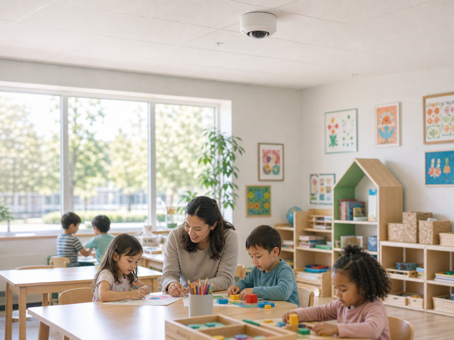 A ceiling-mounted classroom camera supporting a bright human-centered learning environment