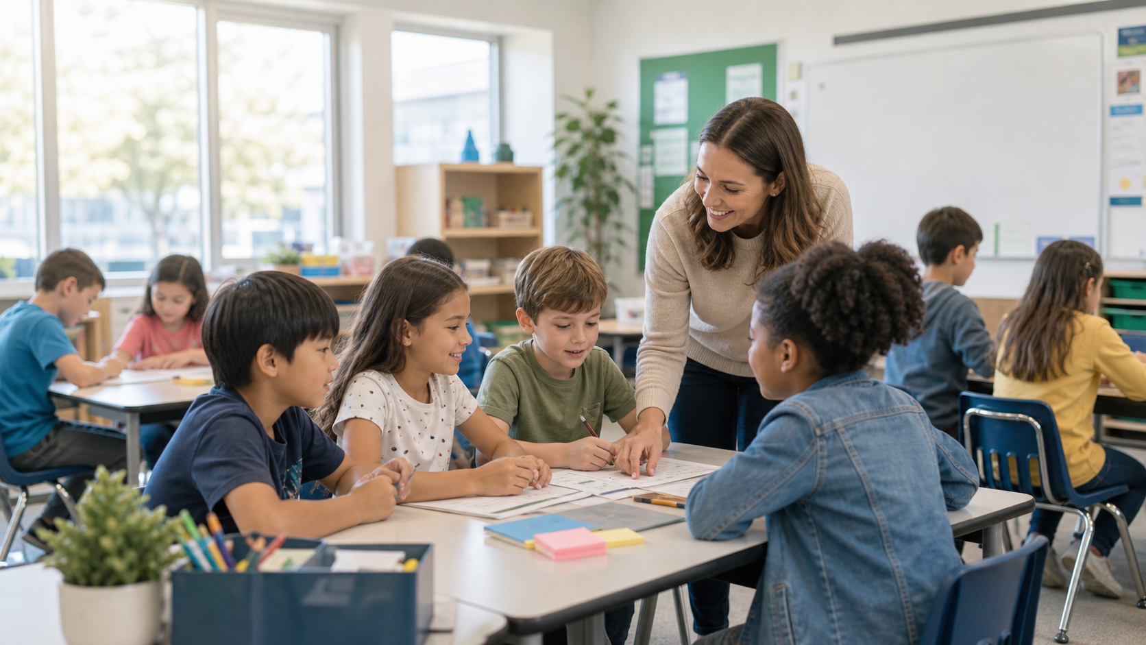 Elementary students collaborating with a teacher in a bright classroom
