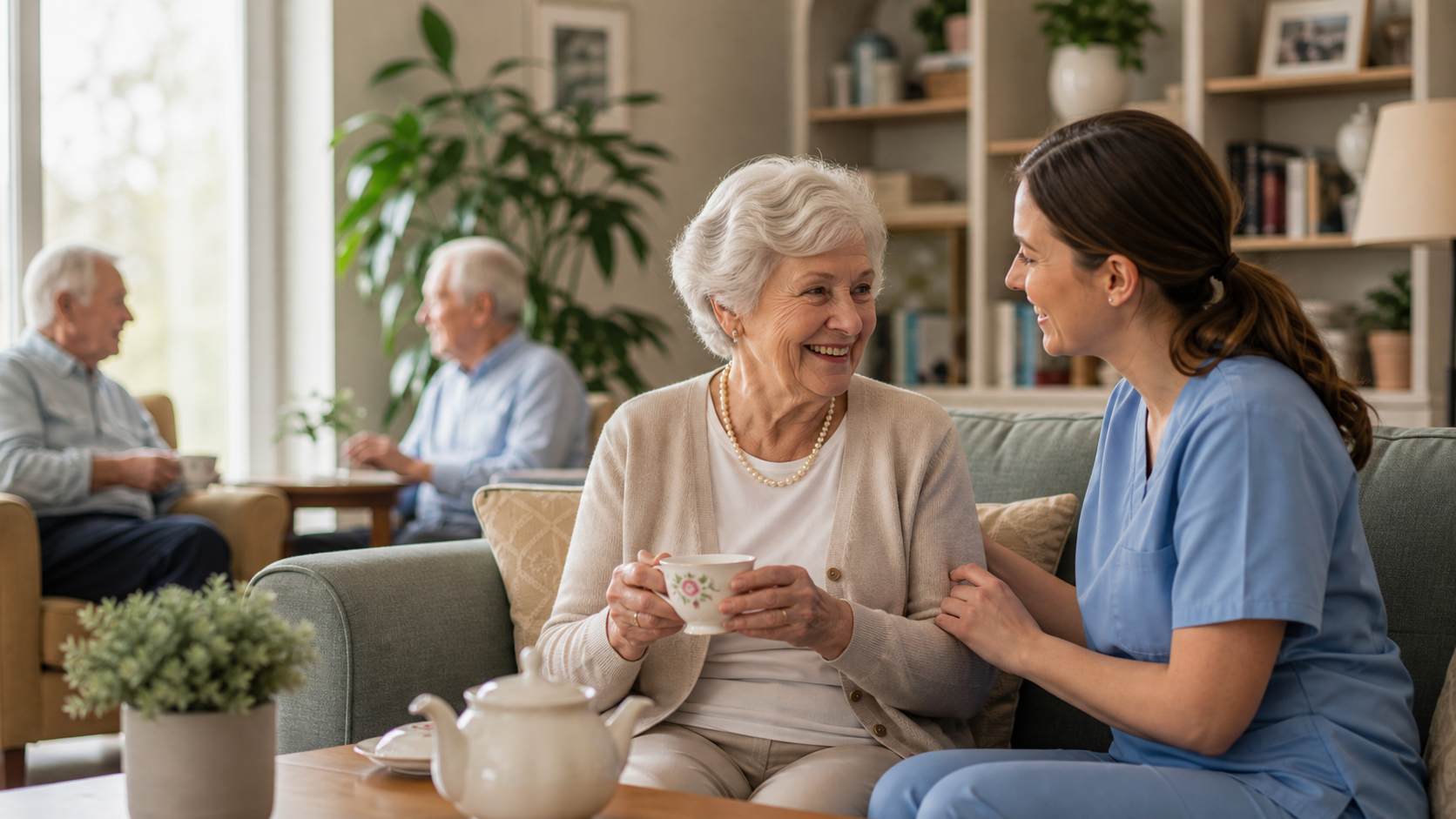 Caregiver and elderly adult sharing a warm everyday care moment