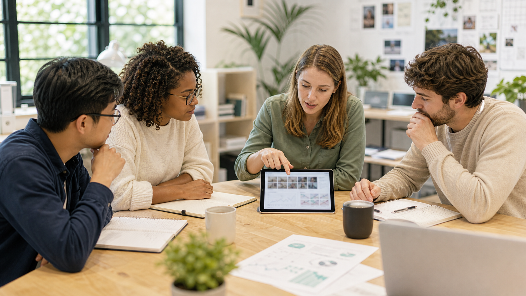 Researchers discussing behavioral insights in a bright collaborative studio